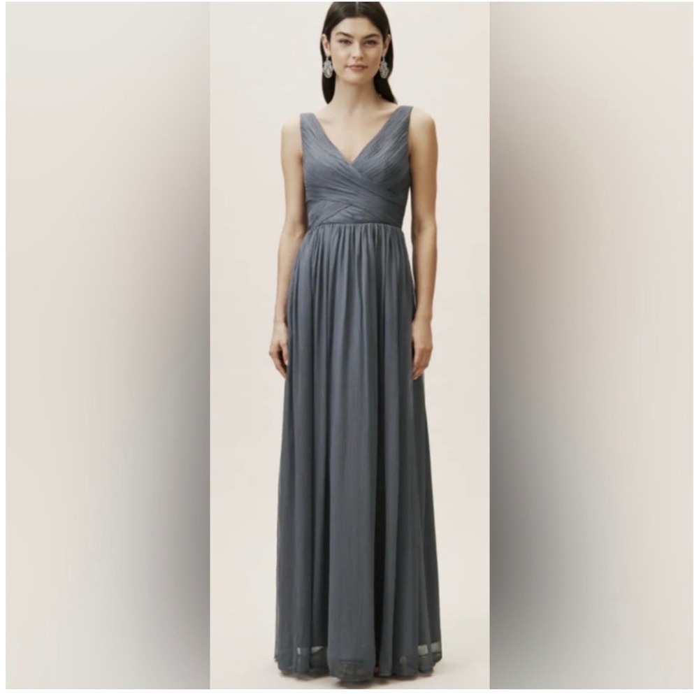 BHLDN | Angie Dress Small Grey Chiffon Pleated V-Neck Maxi Gown Bridesmaid
